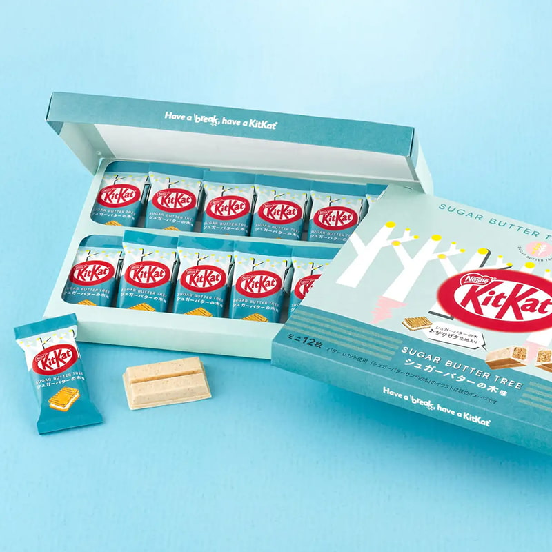 An open pack of japanese KitKats in collaboration with sugar butter tree