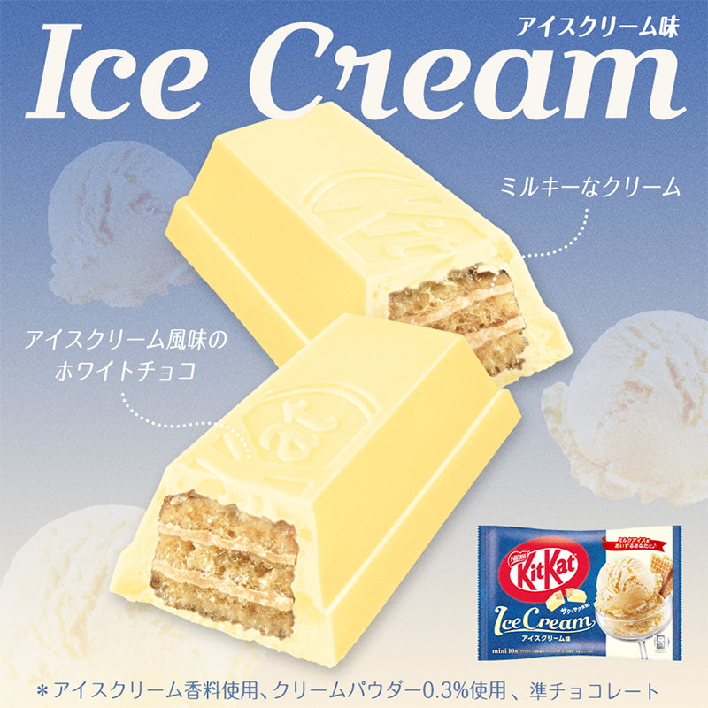 Advertising for the new flavor of kitkats from japan: ice cream